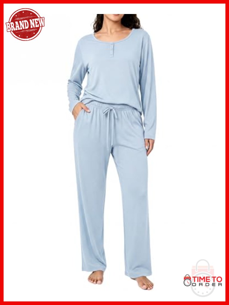 Henley Neck 2 Piece Pajama Set With Pockets